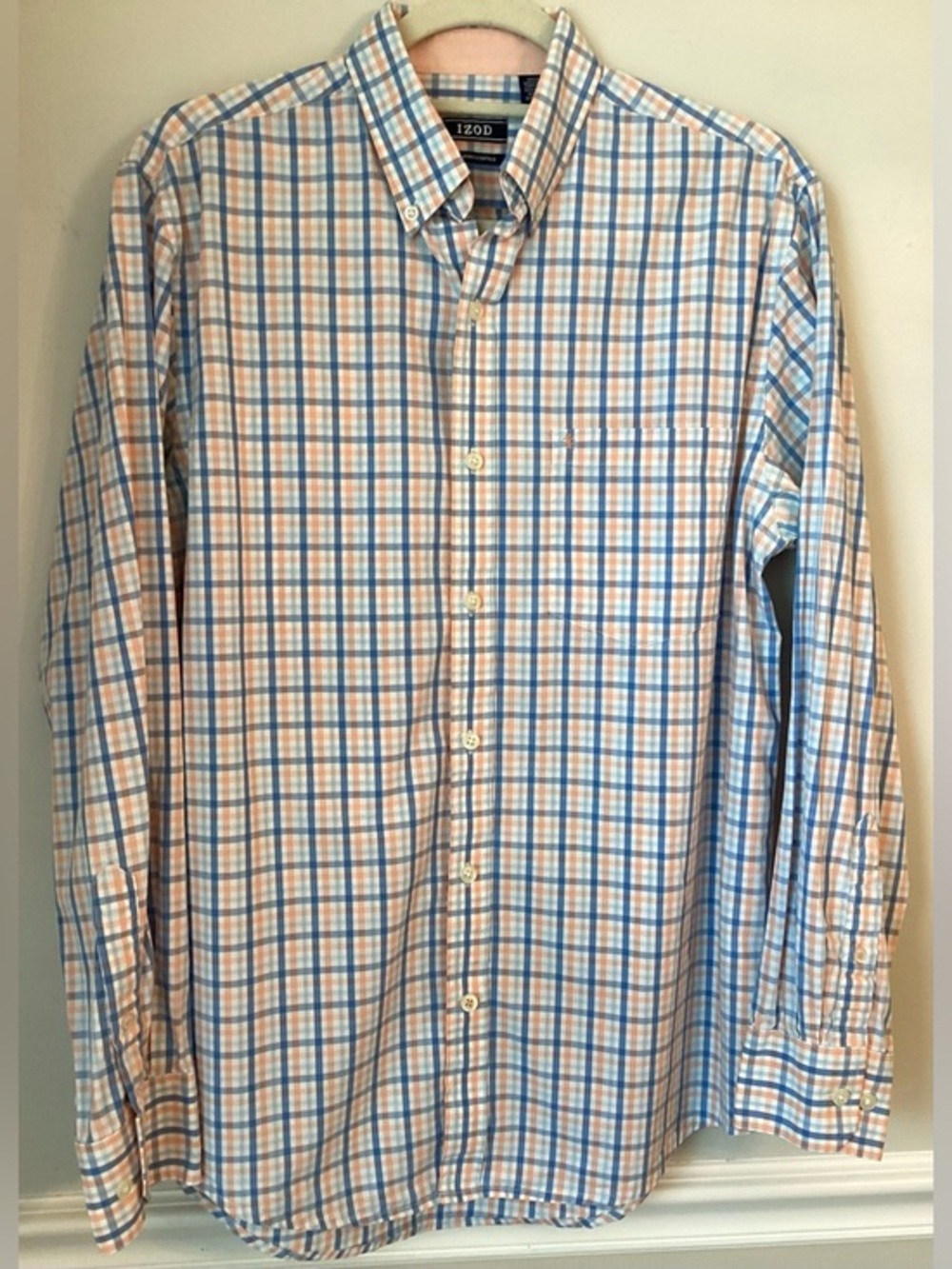 IZOD Men's Small Blue Peach Plaid Long Sleeve Button Down Dress Shirt Preppy